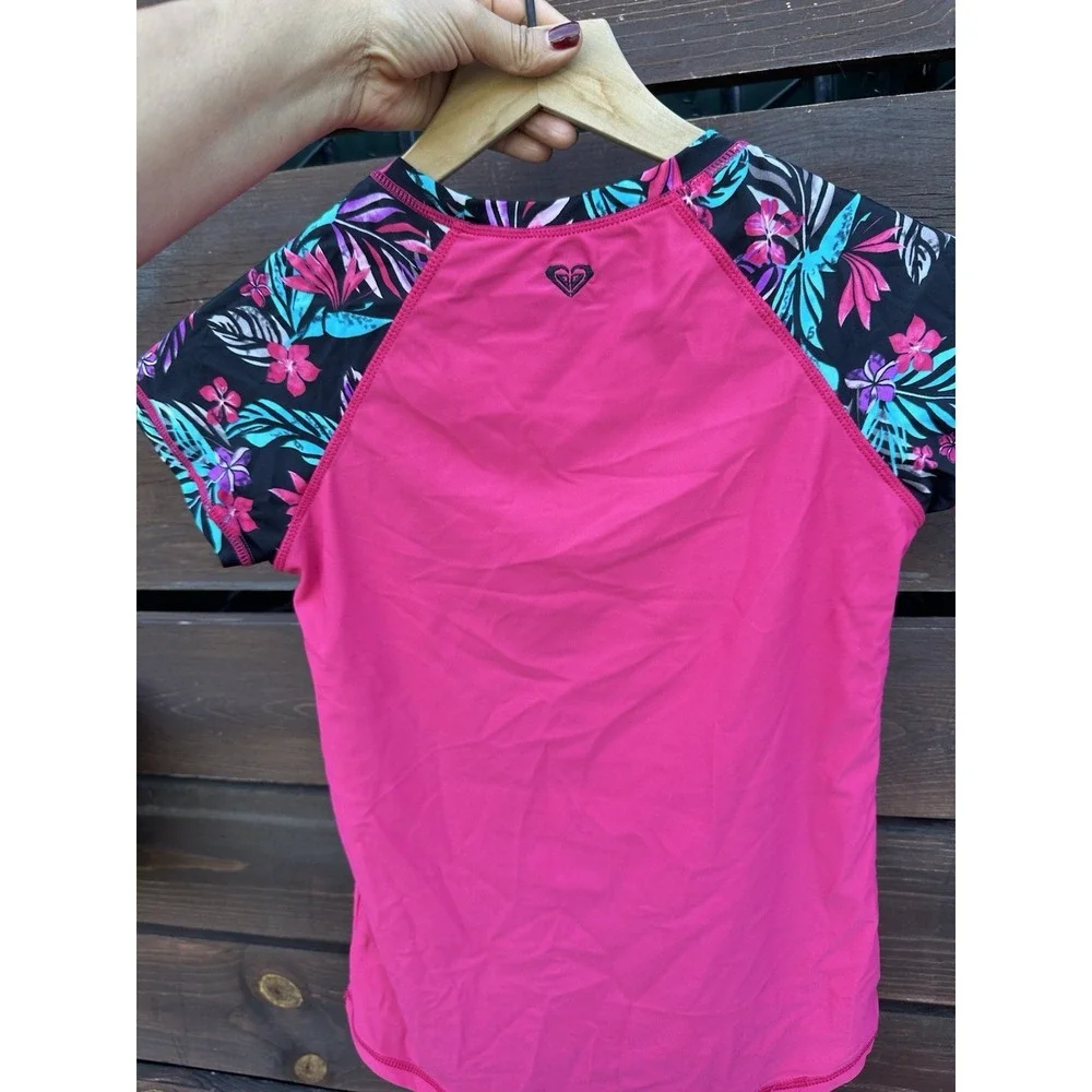Roxy White Short Sleeve Rash Guard HotPink Logo Swim Shirt Girls Size Large (12)